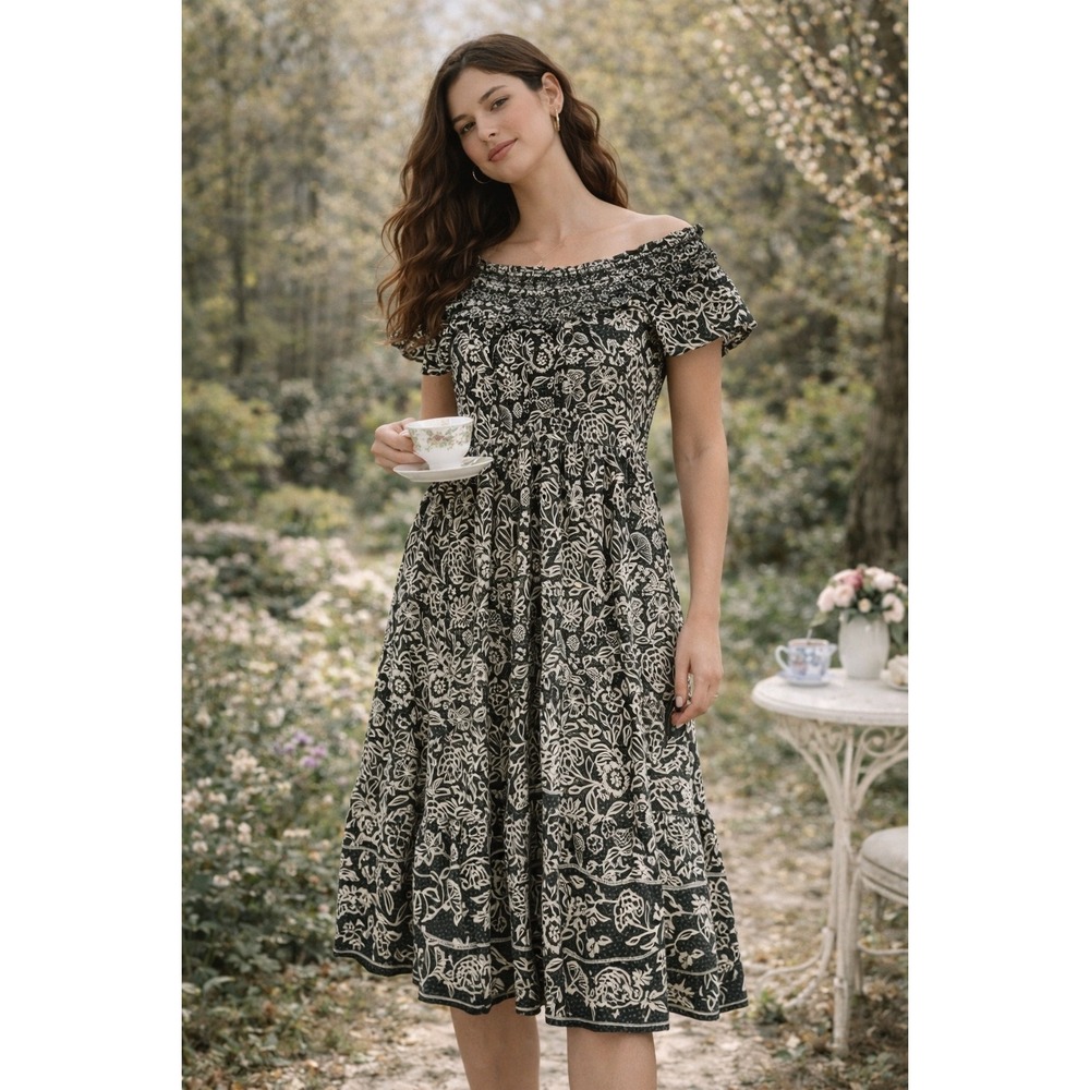 LOFT Green Black Floral Smocked Neck Tiered Viscose Mini Dress Womens Size‎ S